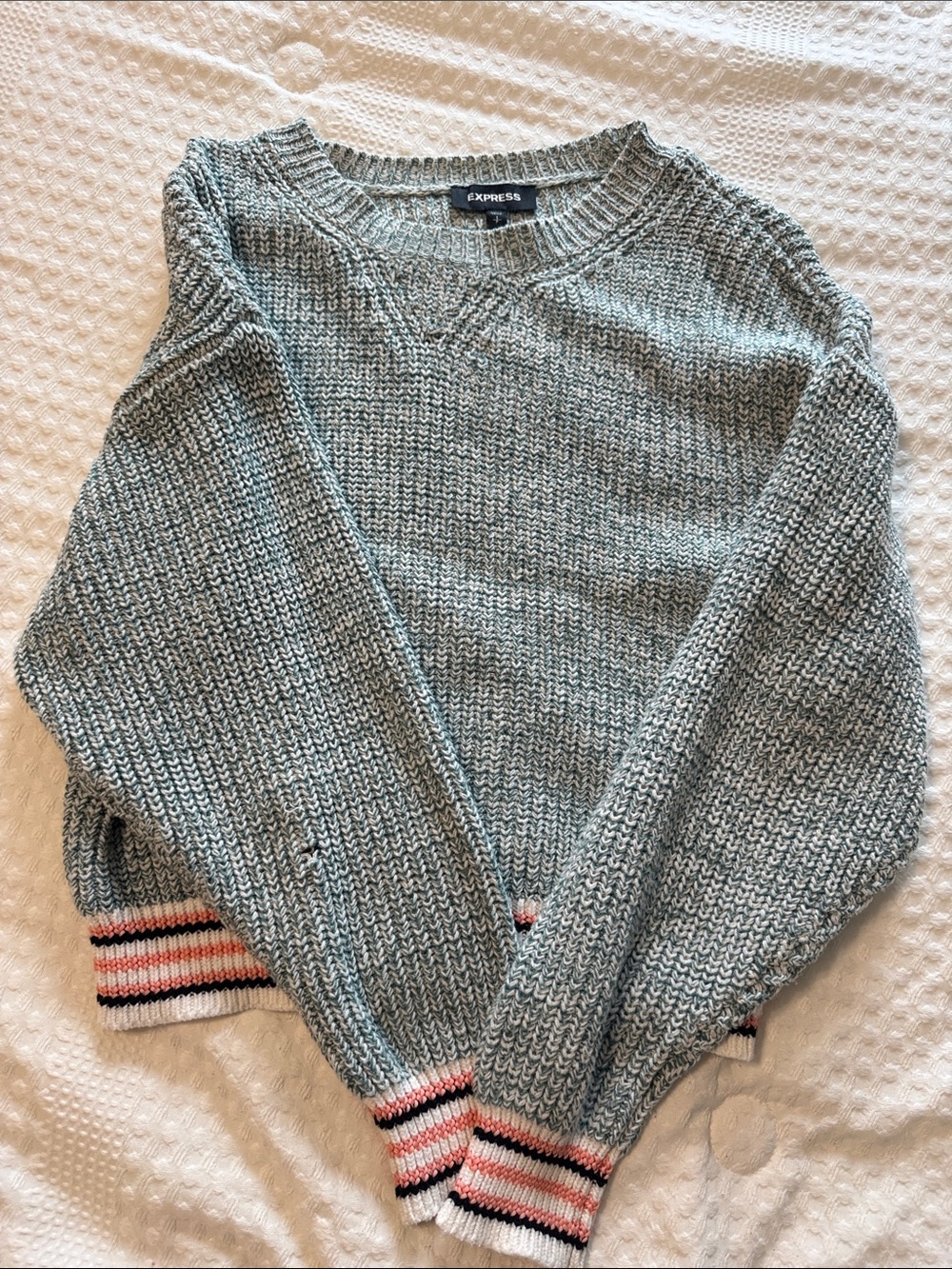 Express Heather Teal Crewneck Sweater with Striped Cuffs